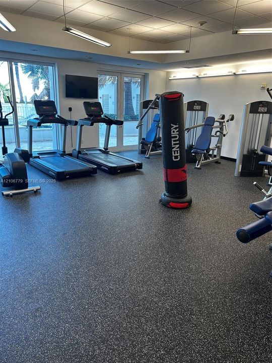 Fitness center featuring durable speckled rubber flooring, suspended linear lighting, and large windows with direct exterior access