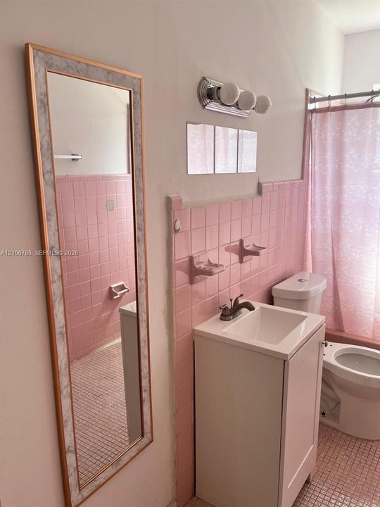 Bathroom featuring pink ceramic wall and floor tile, white vanity cabinet with a rectangular basin, three-bulb vanity lighting fixture, and a full-length wall mirror with a decorative frame