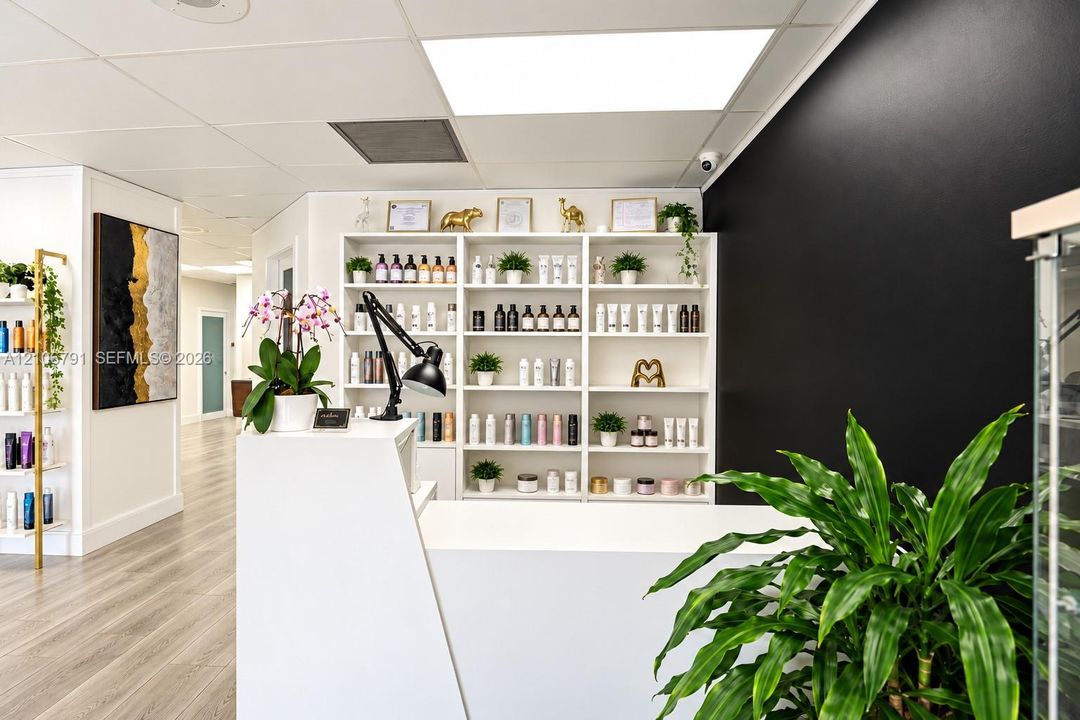 Custom built-in white shelving, wood-finish flooring, recessed LED panel lighting, and a high-contrast black accent wall