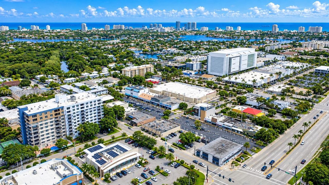 Aerial perspective featuring coastal proximity, urban development, dense canopy coverage, and established thoroughfares