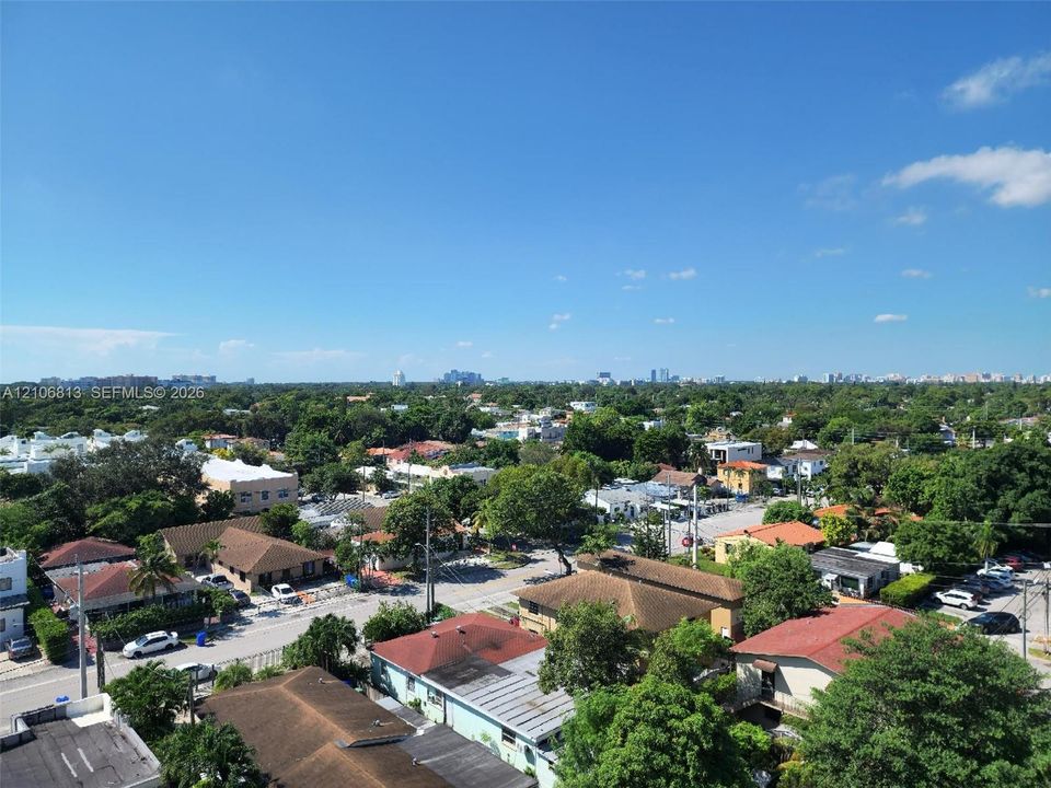 Aerial perspective of a neighborhood featuring residential structures, mature trees, and a distant cityscape
