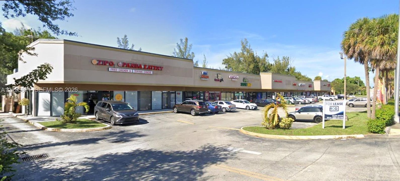 Commercial retail center featuring a multi-tenant exterior, glass storefronts, paved parking lot, and mature palm tree landscaping