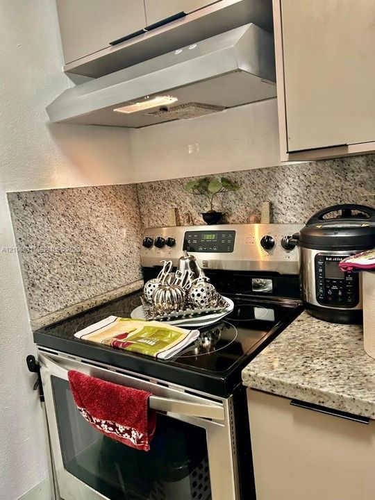 Kitchen featuring a stone countertop, stone-tiled backsplash, stainless steel electric range, and an integrated stainless steel range hood