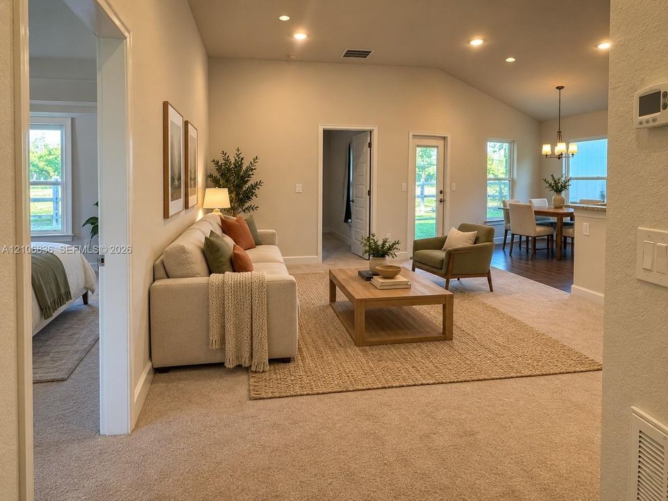 Open-concept interior featuring vaulted ceilings, recessed lighting, neutral carpeting, and a glass-paneled exterior door