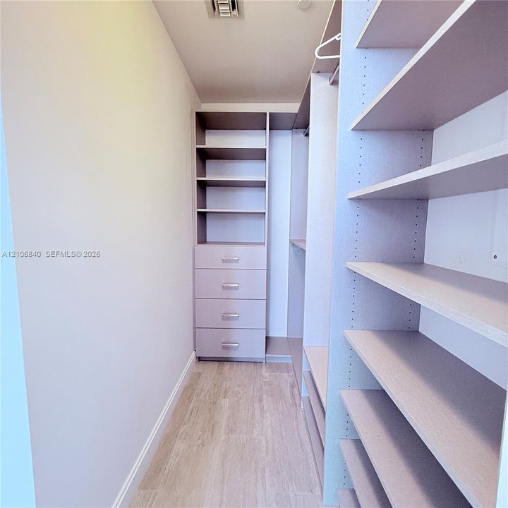 Walk-in closet featuring built-in shelving, four pull-out drawers with metallic hardware, integrated hanging rods, and wood-finish flooring