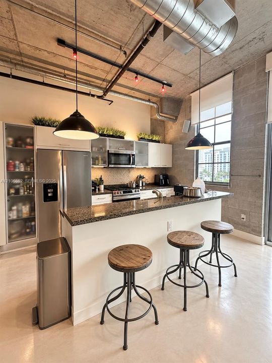 Industrial-style kitchen featuring a high-contrast design with exposed concrete ceilings, stone-surfaced peninsula, stainless steel appliances, track lighting, and floor-to-ceiling glass-paneled cabinetry