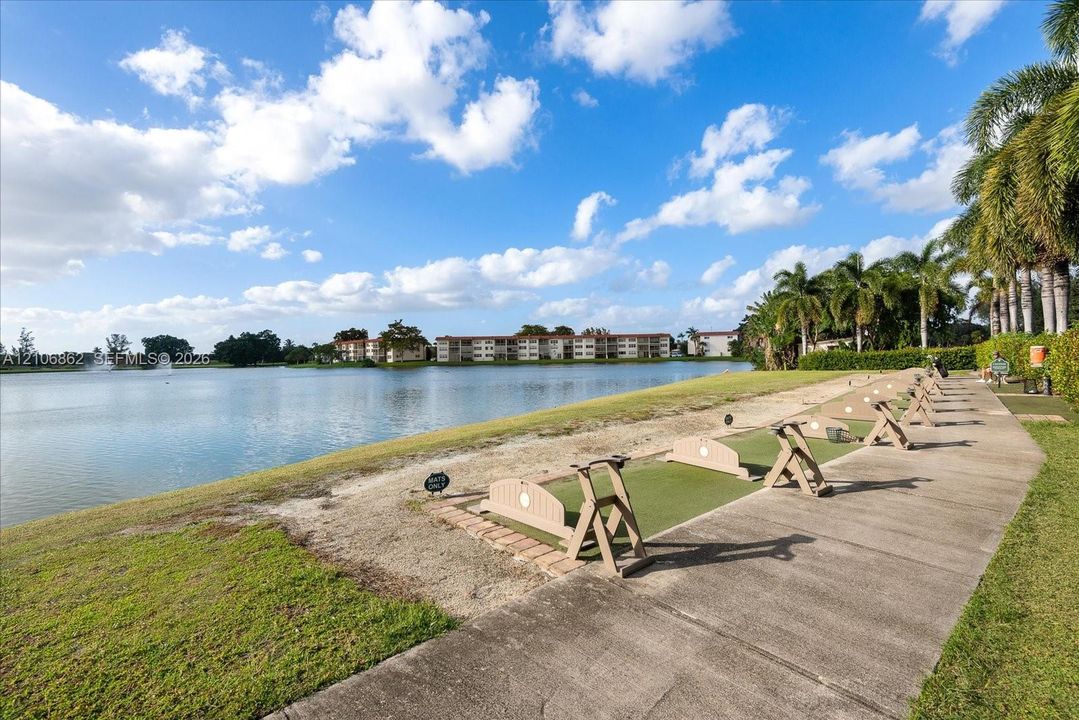 Waterfront driving range featuring a concrete walkway, designated tee boxes with synthetic turf, and mature palm trees