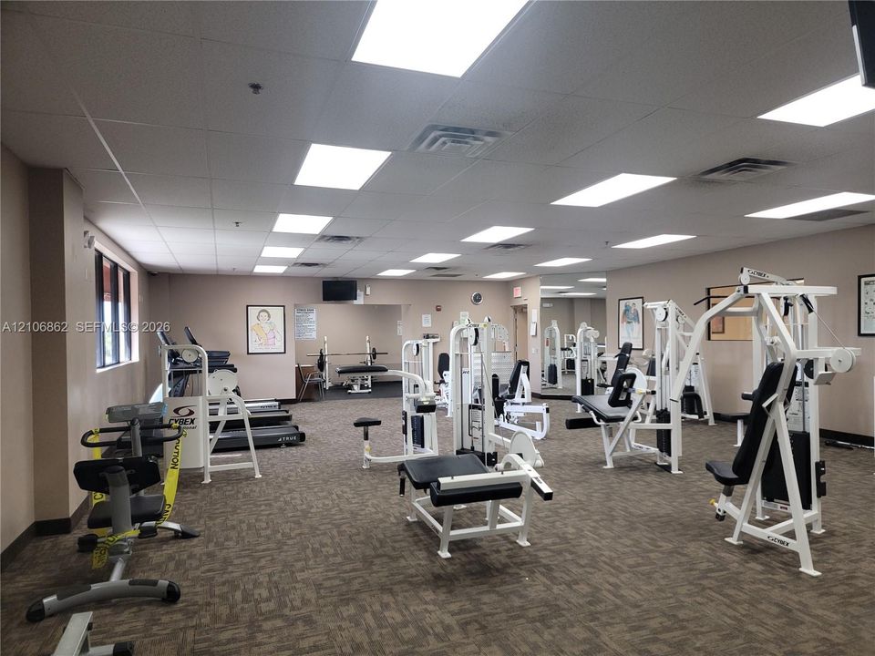 Fitness room featuring recessed lighting, a drop ceiling, wall-to-wall carpeting, and a full-length wall mirror