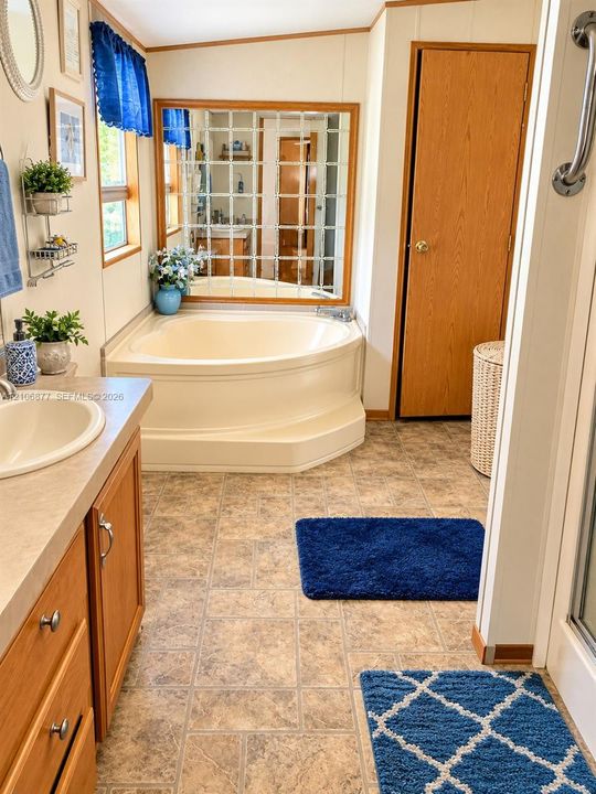 Bathroom featuring a corner soaking tub, grid-patterned mirror, wood-finish cabinetry, and solid-surface countertop with an integrated sink
