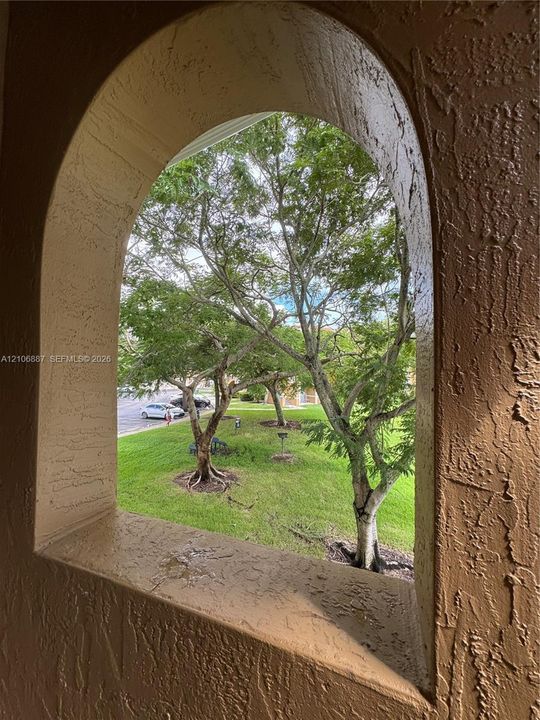 Arched architectural window opening with a textured stucco finish, framing a landscape featuring mature trees and a grass lawn