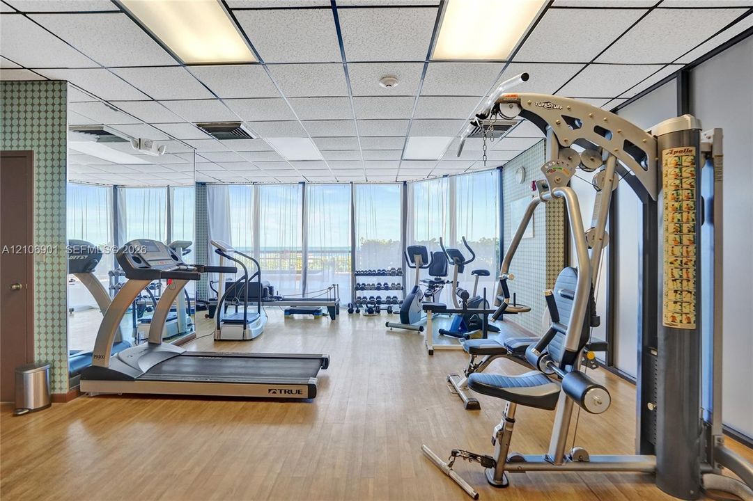 Fitness center featuring wood-finish flooring, floor-to-ceiling windows, and integrated wall-to-wall mirrors