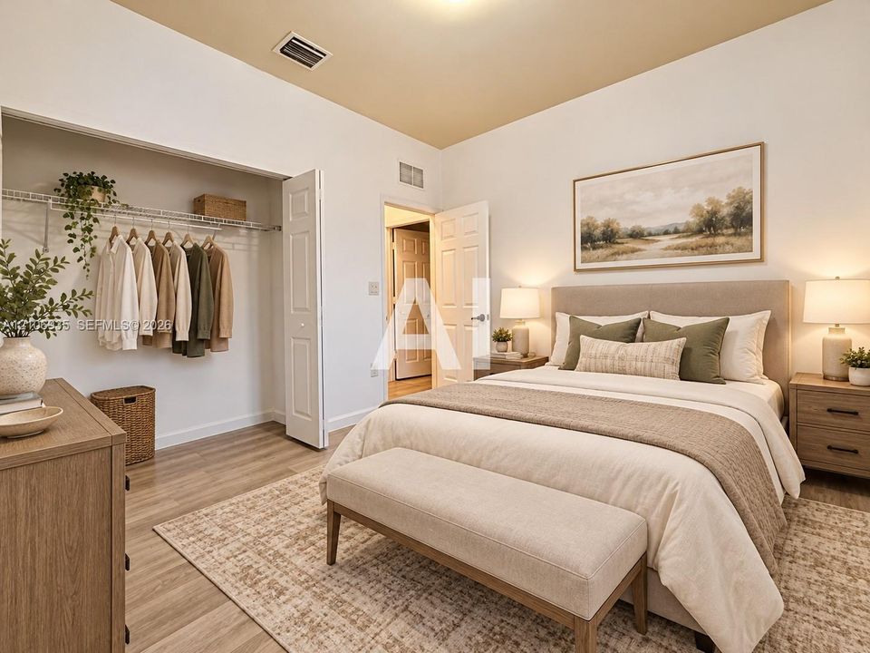 Neutral-toned room featuring wood-finish flooring, a bi-fold closet door, and a built-in wire shelving system