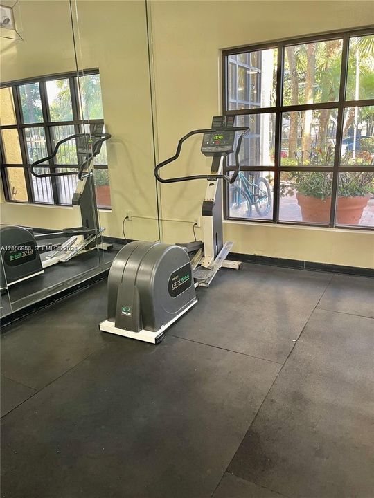 Fitness room featuring black rubber flooring, full-wall mirrors, and large multi-pane windows