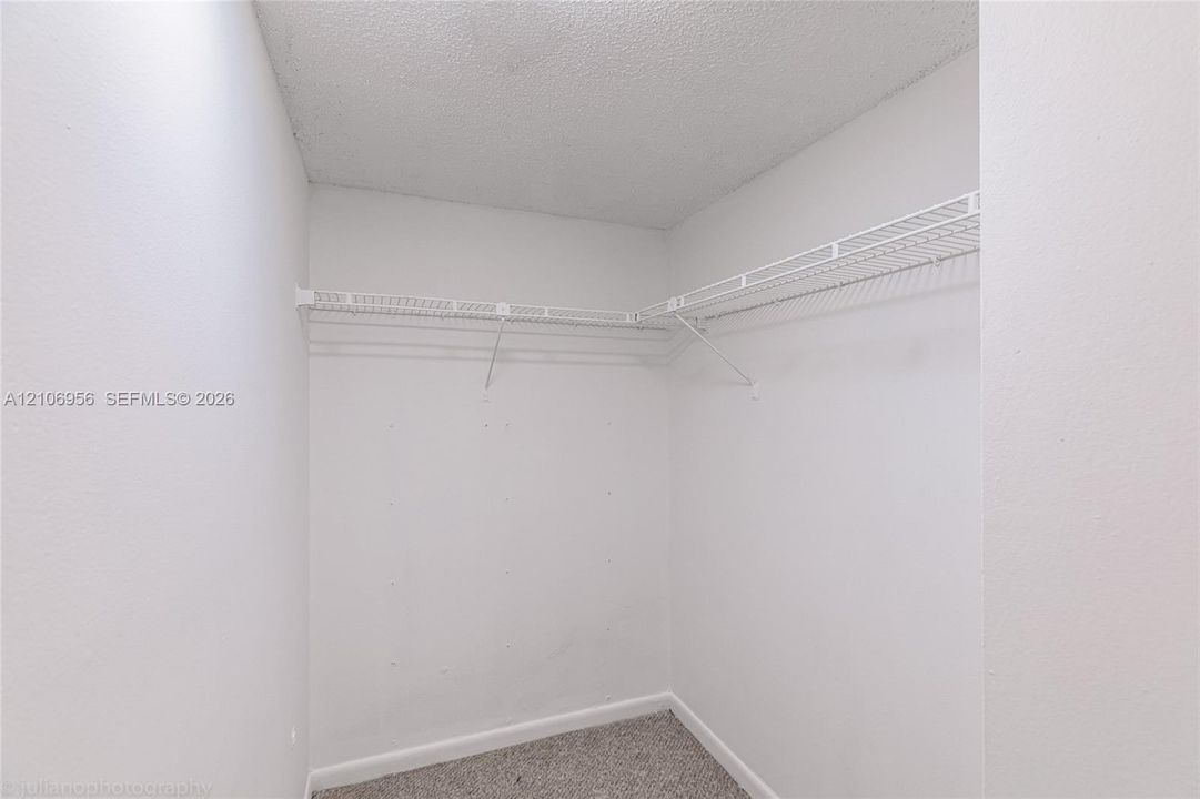 Storage closet featuring neutral-toned carpeting and white wire shelving