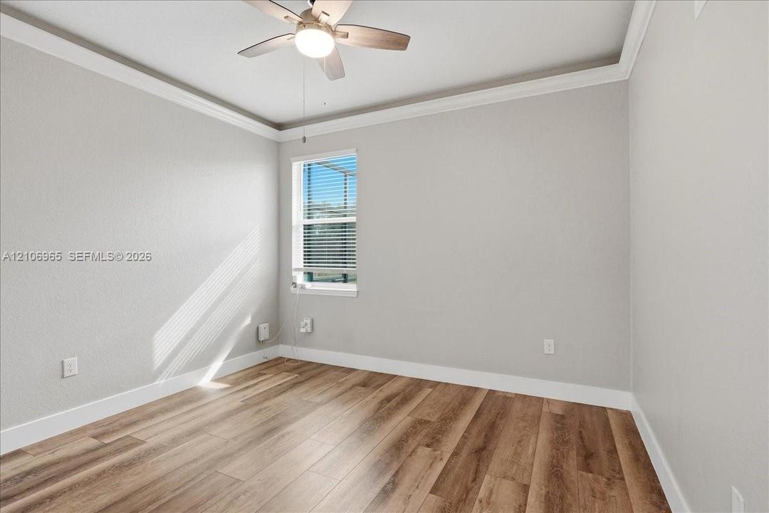 Bright, light-filled bedroom showcasing wood-finish flooring, clean white walls, and a ceiling fan with integrated lighting