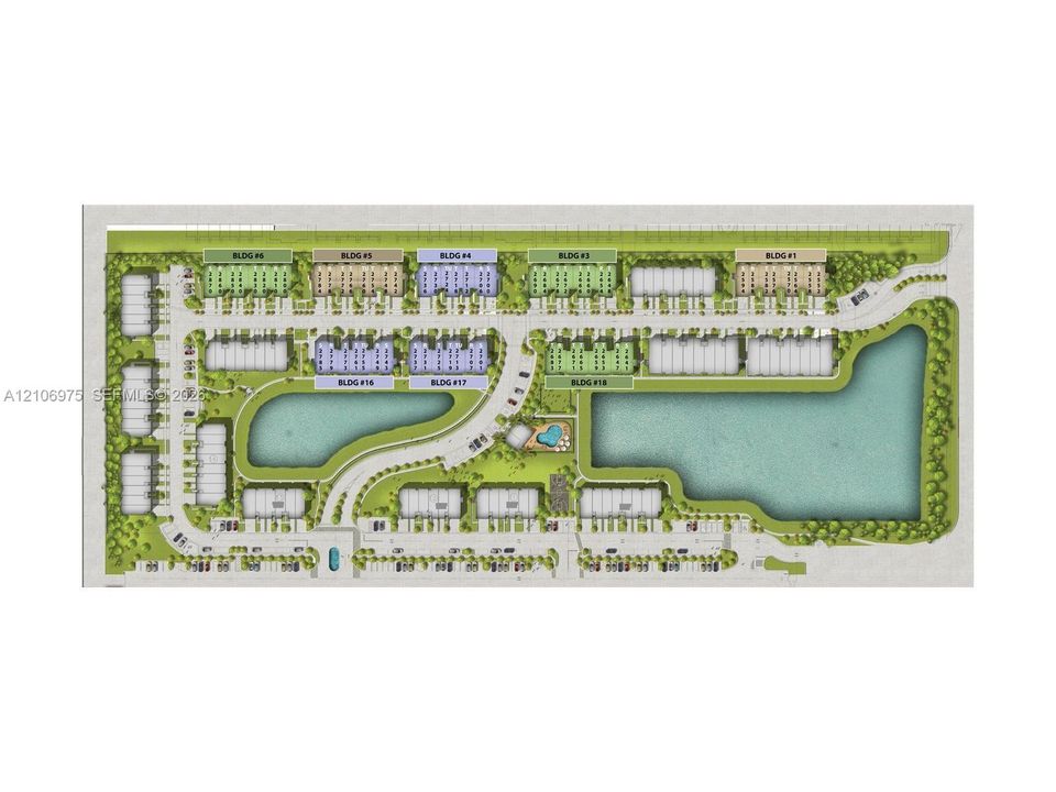 Site Plan. Illustrating the layout of buildings, parking, and water features on the property