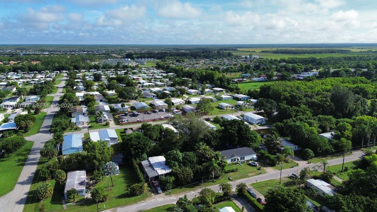 Aerial perspective of the residential area featuring paved streets, mature trees, dense vegetation, and proximity to expansive open green space