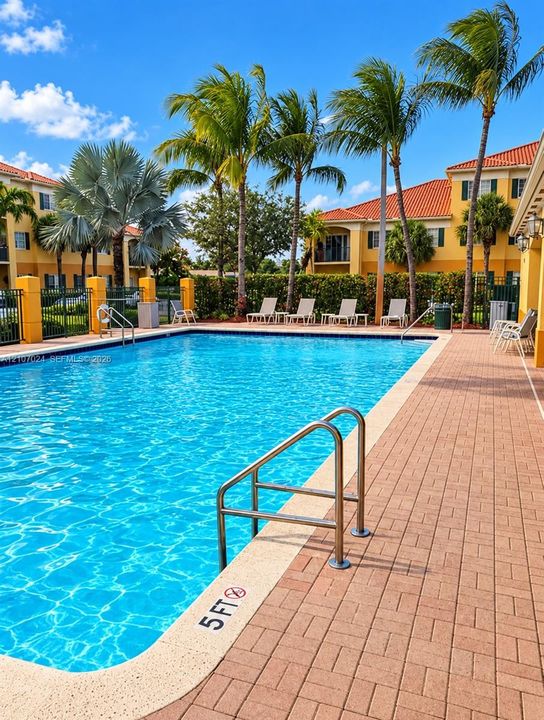 Rectangular swimming pool featuring a brick-paved deck, integrated metal handrails, and surrounding mature palm trees