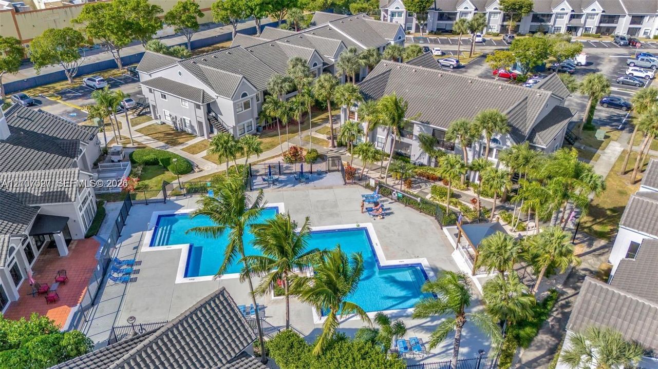 Multi-unit residential complex featuring a swimming pool, paved pool deck, shaded pavilion, and mature palm landscaping