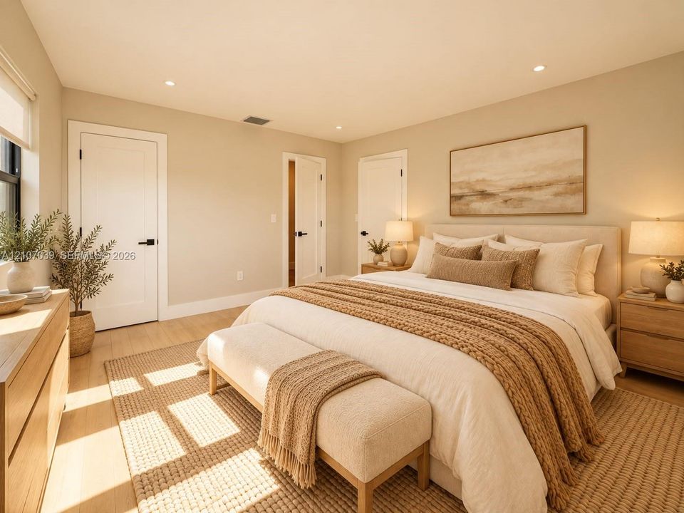 Neutral-toned interior featuring wood-finish flooring, recessed ceiling lighting, and solid-core interior doors with matte black hardware