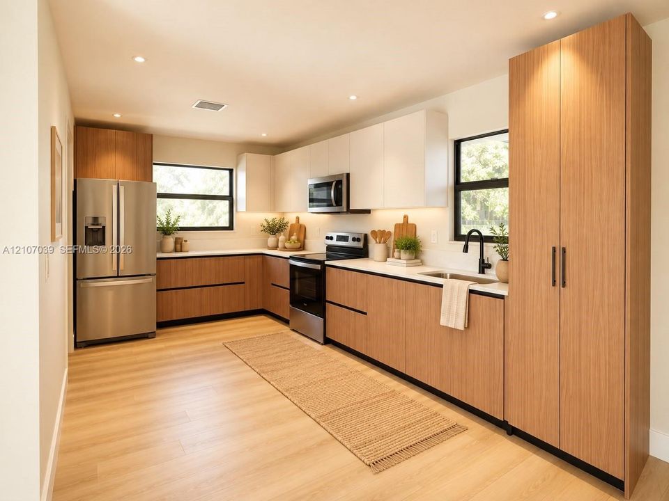 Modern kitchen featuring two-tone cabinetry with wood-finish lower cabinets and floor-to-ceiling pantry, white upper cabinetry, stainless steel appliances, and solid surface countertops