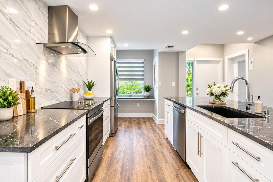 Bright Modern Marble Kitchen with Island