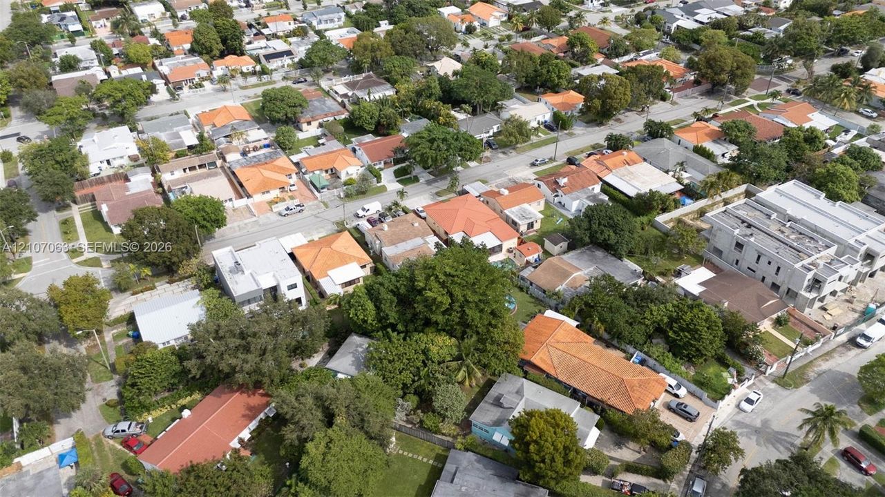 Aerial perspective of a dense urban neighborhood featuring established tree canopy, paved grid streets, and diverse residential architectural styles