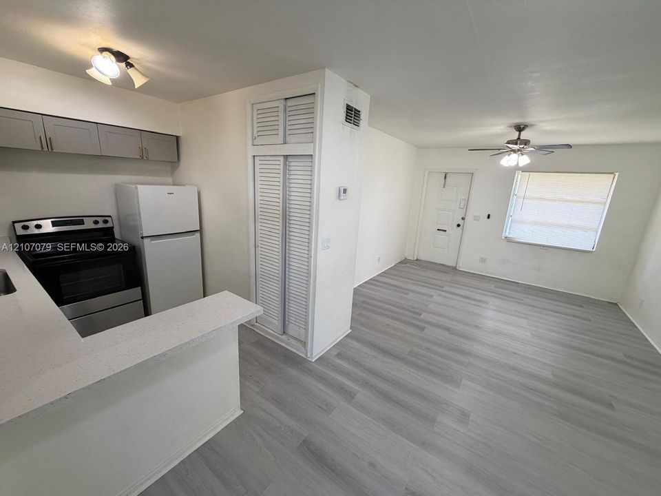 Kitchen featuring stone-finish countertops, shaker-style cabinetry, wood-finish flooring, and built-in closet storage