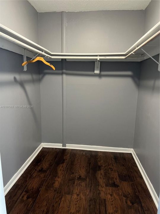Walk-in closet featuring wood-finish flooring and wraparound white metal shelving