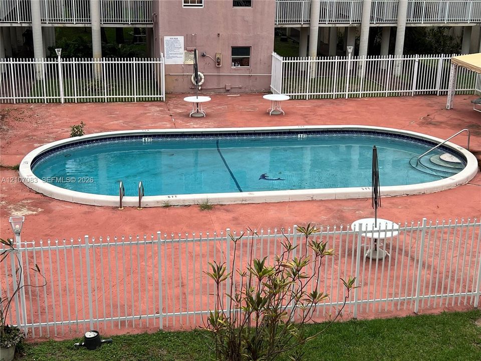 Oval swimming pool featuring a concrete deck, integrated steps, and a perimeter safety fence