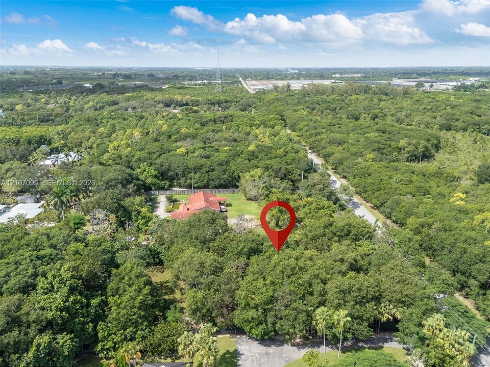 Aerial perspective of a sprawling lot featuring dense mature canopy cover, extensive native vegetation, and a paved access point