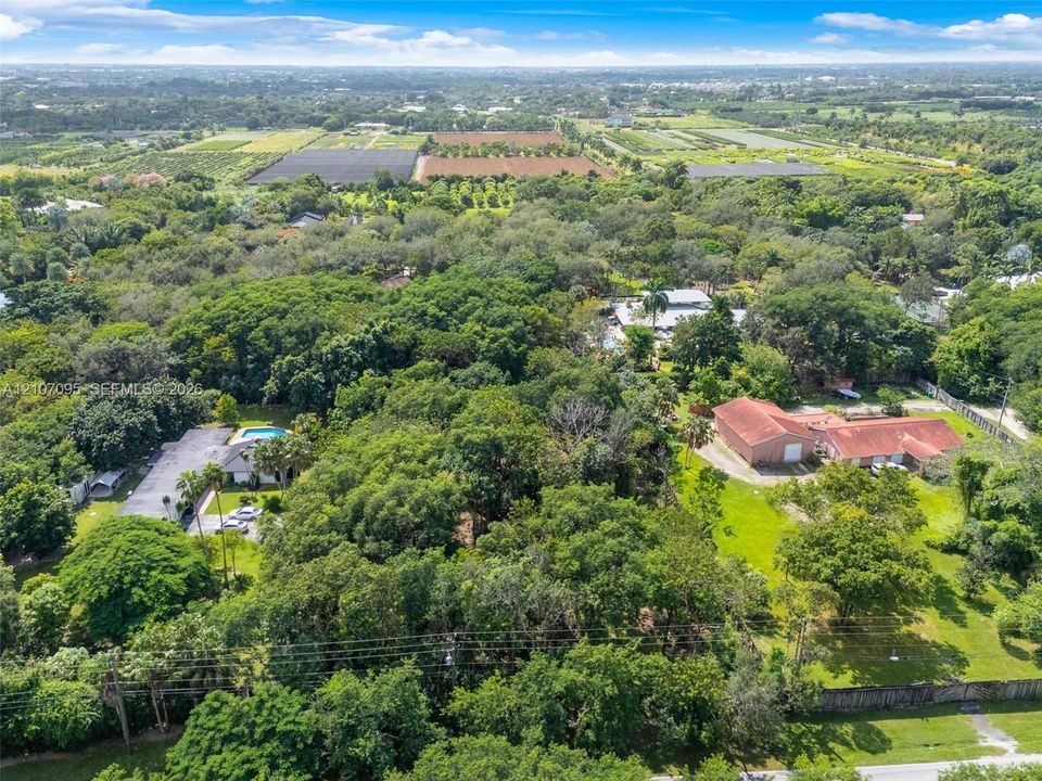 Aerial perspective of expansive acreage featuring mature hardwood trees, manicured lawns, multiple residential structures, and a swimming pool