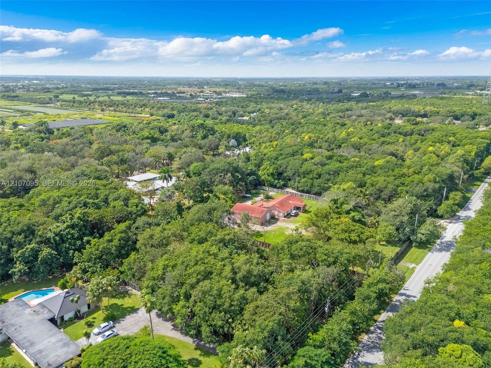 Aerial perspective featuring a multi-structure property surrounded by mature vegetation and dense tree canopy