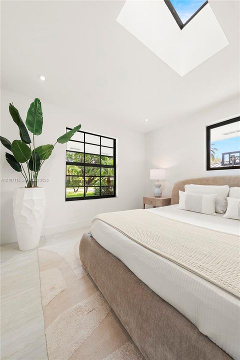 Skylight, multi-pane black-framed windows, and light-toned flooring