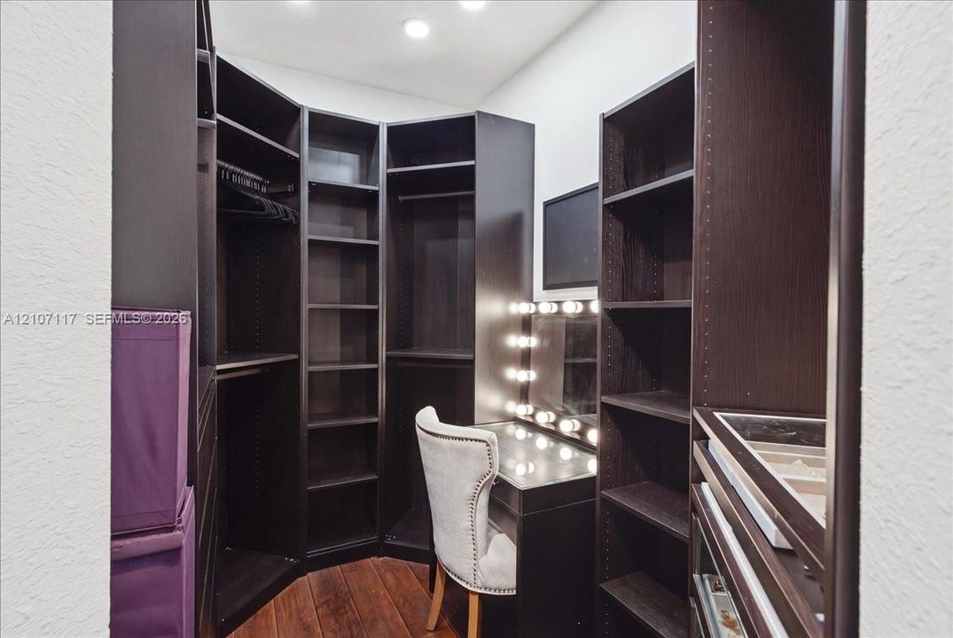 Walk-in closet featuring dark-finish custom built-in cabinetry, floor-to-ceiling shelving, integrated vanity lighting, and wood-finish flooring