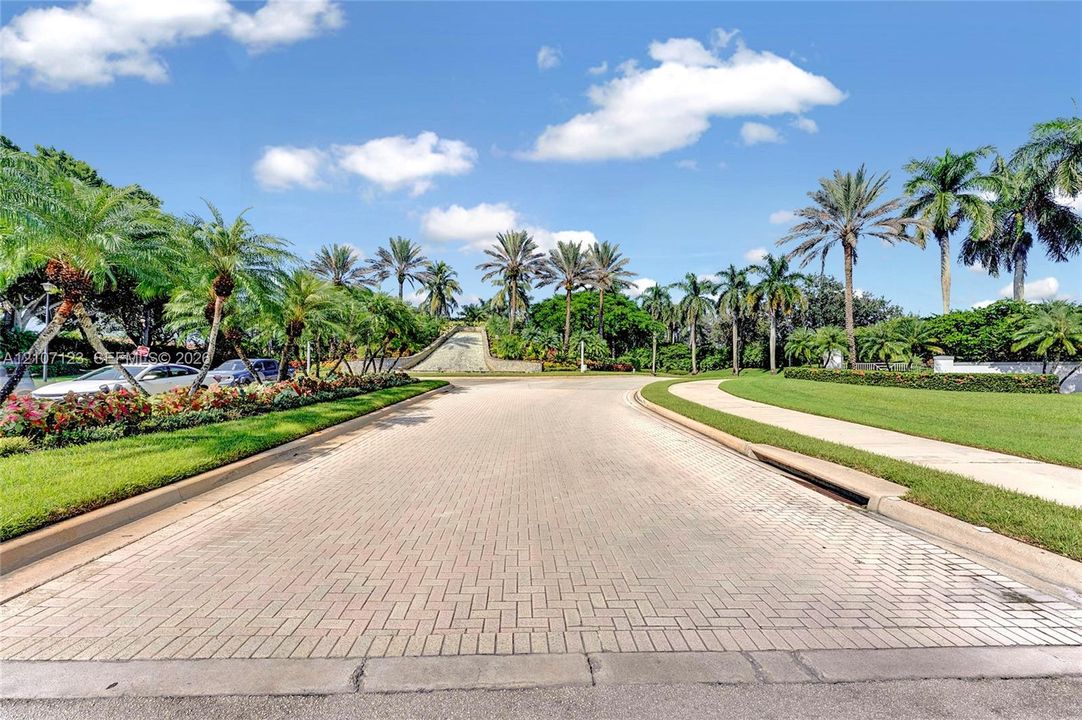 Paver stone entry road featuring mature palm trees, manicured turf, and extensive tropical landscaping