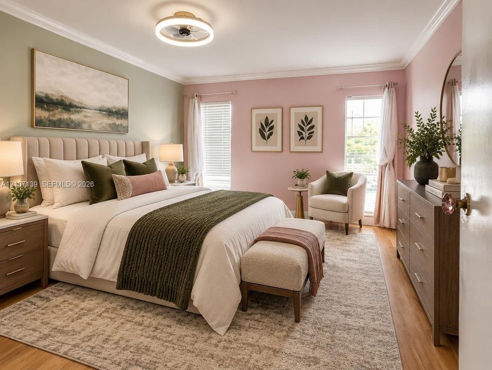 Room featuring hardwood flooring, multi-pane windows with horizontal blinds, crown molding, and a low-profile circular flush-mount ceiling light fixture