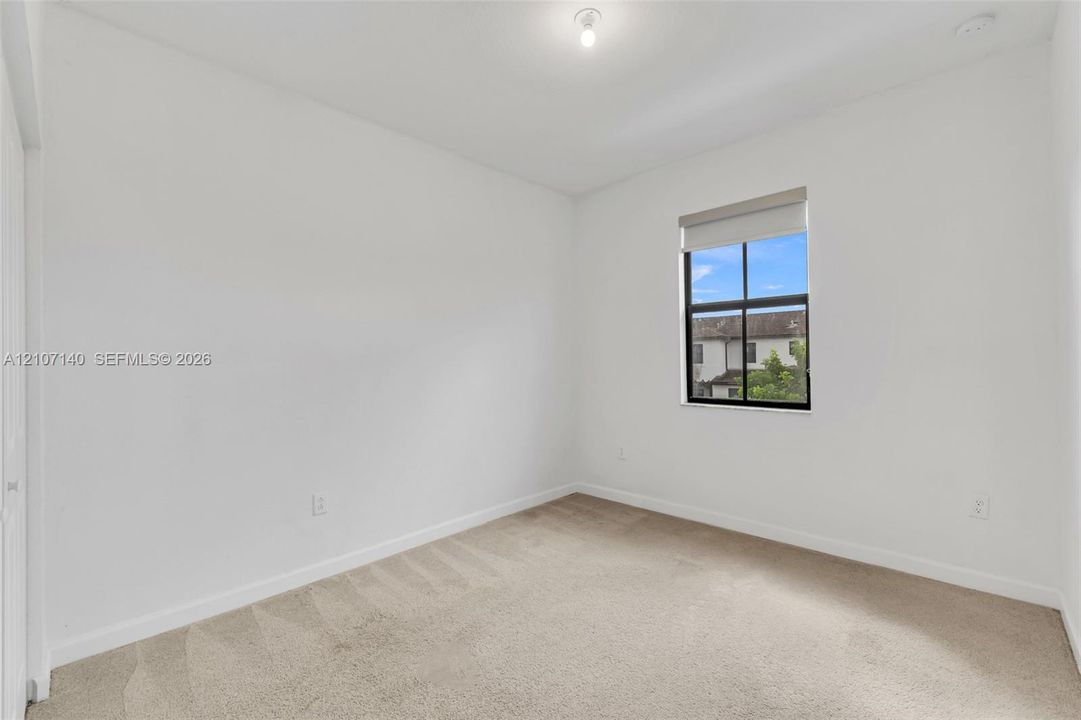Neutral-toned wall paint, plush carpeting, and a single-hung window with a dark frame finish