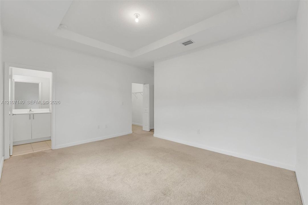 Tray ceiling detail with central light fixture, wall-to-wall carpeting, and neutral interior finishes