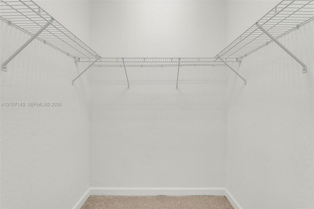 Walk-in storage space featuring wrap-around wire shelving and neutral carpeting