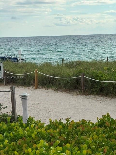Sandy path leading to the shoreline featuring native dune vegetation, rope-style perimeter fencing, and pathway lighting