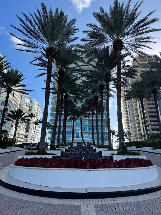 High-rise exterior featuring a multi-tiered stone water feature, mature palm trees, paved circular driveway, and manicured perimeter landscaping