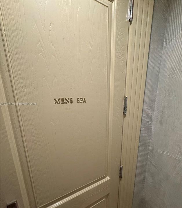 Raised-panel solid door with metallic lettering and recessed hinges
