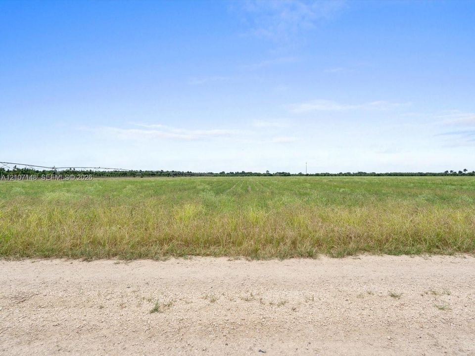 Expansive level acreage featuring open grassy terrain, gravel road access, and perimeter irrigation equipment
