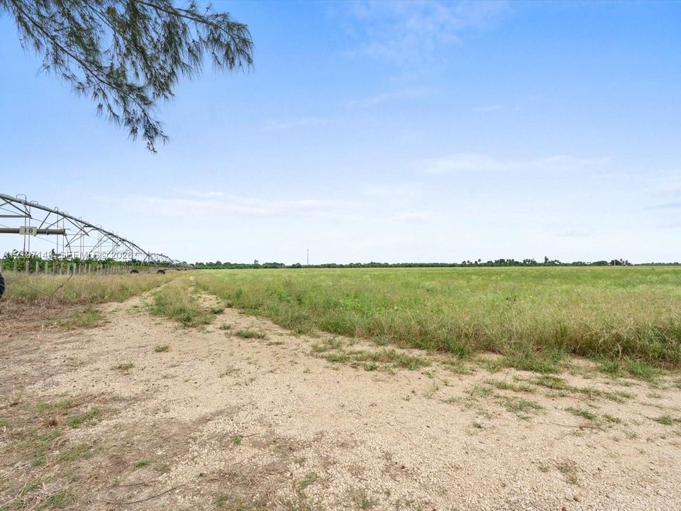 Expansive open acreage featuring a gravel access path, natural grasses, and agricultural irrigation infrastructure