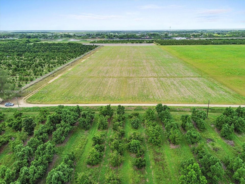 Expansive acreage featuring cultivated fields, established orchards, dirt road access, and perimeter fencing