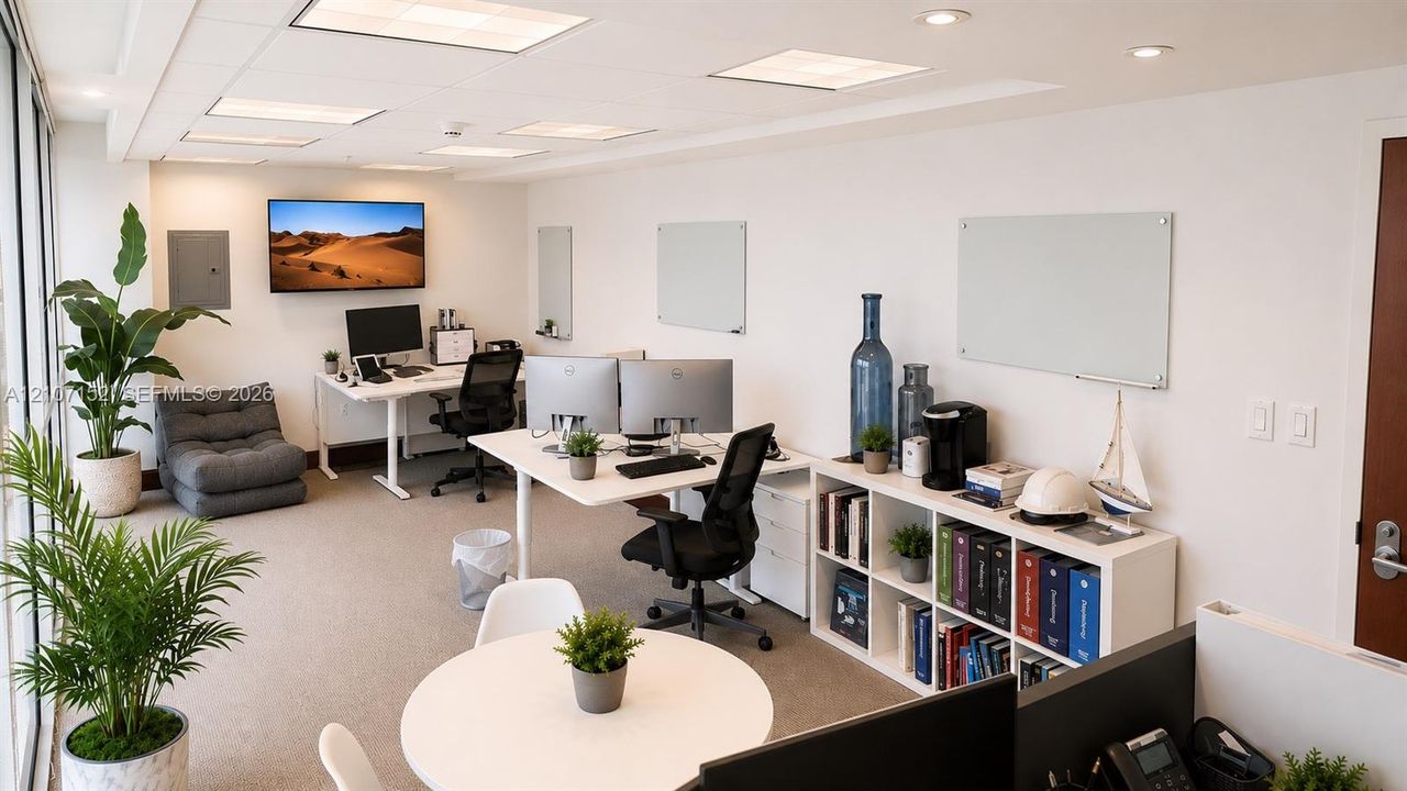 Neutral-toned carpeting, recessed ceiling lighting, wall-mounted glass dry-erase boards, and built-in shelving