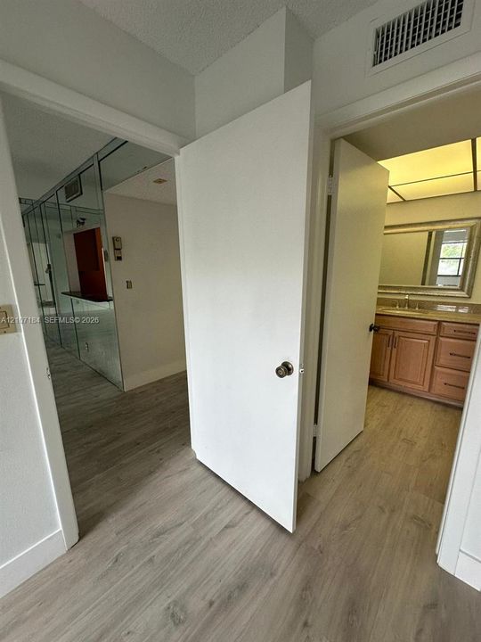 Wood-finish flooring throughout, vanity with stone countertop and framed mirror, and floor-to-ceiling mirror panels
