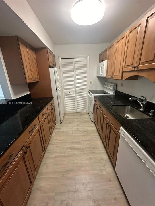 Kitchen featuring wood-finish cabinetry, dark stone countertops, stainless steel sink with a high-arch faucet, wood-finish flooring, and white louvered-door closet