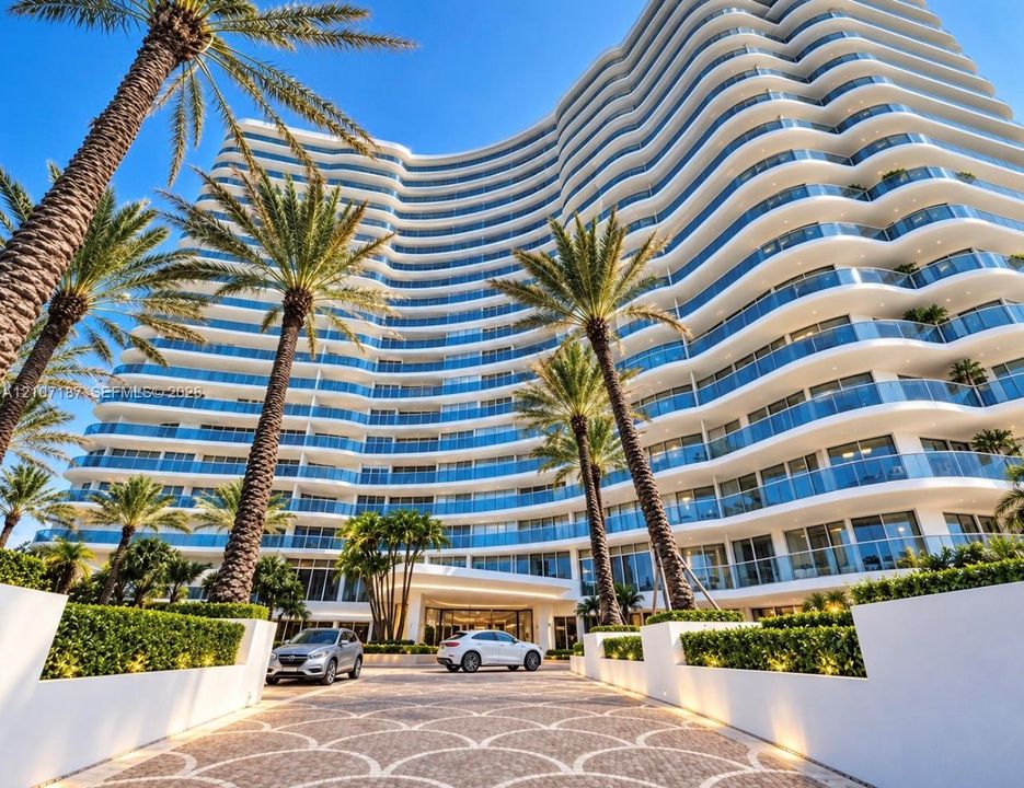 Multi-story architectural exterior featuring a curved facade, expansive balconies with glass railings, patterned stone paver motor court, and manicured landscaping with mature palms